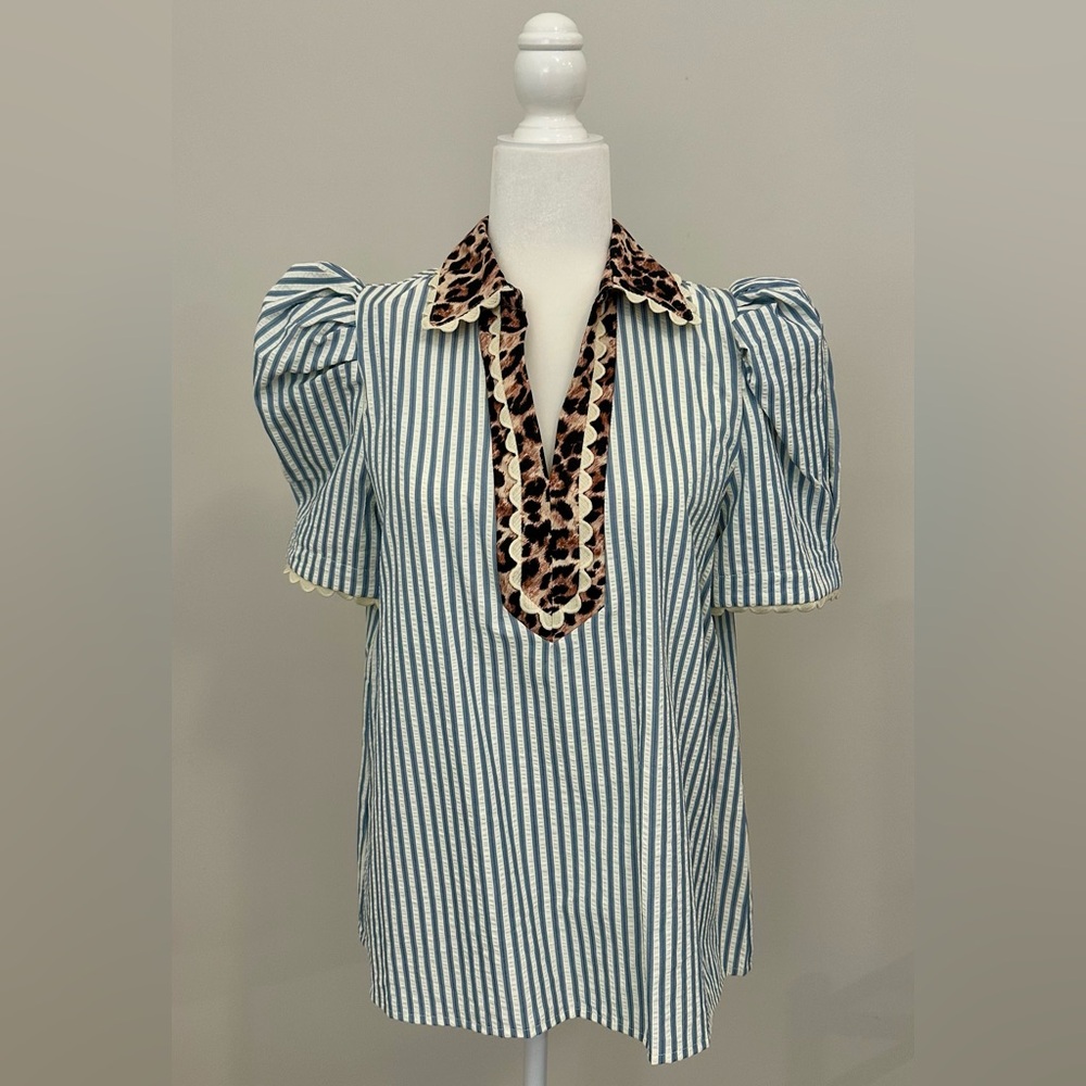 Entro Blue Striped Blouse with Leopard Accents